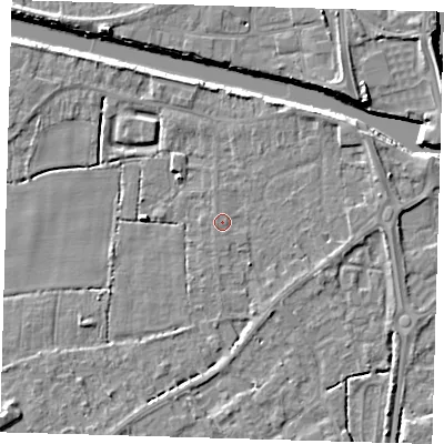 Shaded relief map of the ground around PE217JP, computed from Environment Agency LiDAR. The ground here sits at about 3 m above sea level and falls 7 m across the surrounding 800 m. Surface water reaching this point runs off ground lying to the east-north-east, 0.5 m higher.