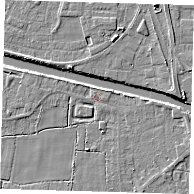 Shaded relief map of the ground around PE217JQ, computed from Environment Agency LiDAR. The ground here sits at about 3 m above sea level and falls 11 m across the surrounding 800 m. Surface water reaching this point runs off ground lying to the west-north-west, 1.8 m higher.