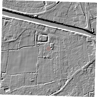 Shaded relief map of the ground around PE217JR, computed from Environment Agency LiDAR. The ground here sits at about 2 m above sea level and falls 7 m across the surrounding 800 m. Surface water reaching this point runs off ground lying to the east, 2.1 m higher.