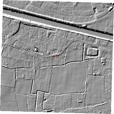 Shaded relief map of the ground around PE217JU, computed from Environment Agency LiDAR. The ground here sits at about 2 m above sea level and falls 7 m across the surrounding 800 m. Surface water reaching this point runs off ground lying to the north-north-east, 0.7 m higher.