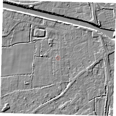 Shaded relief map of the ground around PE217JW, computed from Environment Agency LiDAR. The ground here sits at about 3 m above sea level and falls 6 m across the surrounding 800 m. The ground contributing surface water to this point lies to the east.
