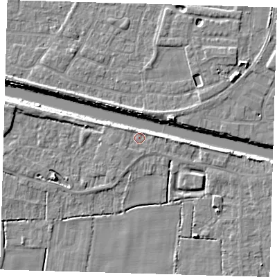 Shaded relief map of the ground around PE217JX, computed from Environment Agency LiDAR. The ground here sits at about 3 m above sea level and falls 7 m across the surrounding 800 m. Surface water reaching this point runs off ground lying to the south-west, 0.9 m higher.