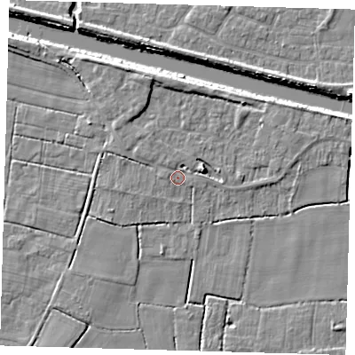 Shaded relief map of the ground around PE217JY, computed from Environment Agency LiDAR. The ground here sits at about 3 m above sea level and falls 6 m across the surrounding 800 m. Surface water reaching this point runs off ground lying to the north-west, 1.7 m higher.