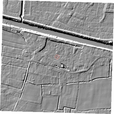 Shaded relief map of the ground around PE217LA, computed from Environment Agency LiDAR. The ground here sits at about 3 m above sea level and falls 7 m across the surrounding 800 m. Surface water reaching this point runs off ground lying to the north-north-west, 2.6 m higher.