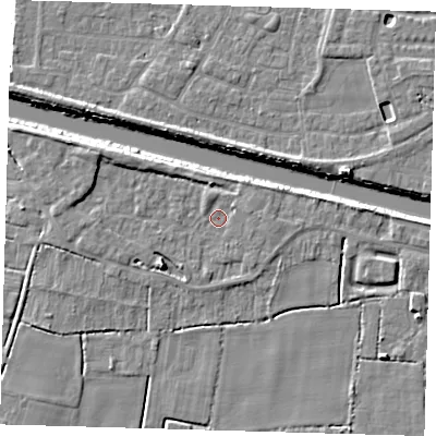 Shaded relief map of the ground around PE217LB, computed from Environment Agency LiDAR. The ground here sits at about 3 m above sea level and falls 6 m across the surrounding 800 m. Surface water reaching this point runs off ground lying to the west-north-west, 3.0 m higher.