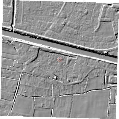 Shaded relief map of the ground around PE217LD, computed from Environment Agency LiDAR. The ground here sits at about 3 m above sea level and falls 6 m across the surrounding 800 m. Surface water reaching this point runs off ground lying to the west-north-west, 2.6 m higher.