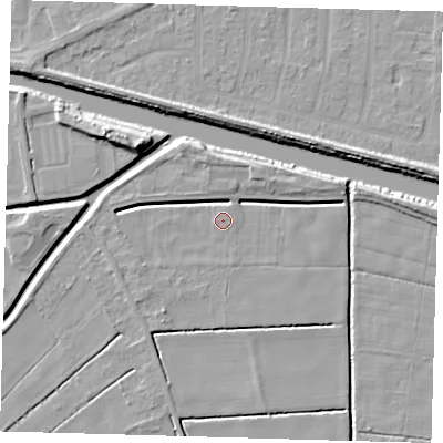 Shaded relief map of the ground around PE217LE, computed from Environment Agency LiDAR. The ground here sits at about 2 m above sea level and falls 9 m across the surrounding 800 m. Surface water reaching this point runs off ground lying to the north, 4.7 m higher.