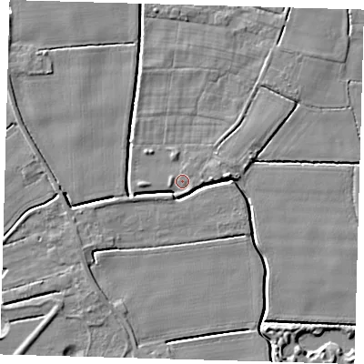Shaded relief map of the ground around PE217LH, computed from Environment Agency LiDAR. The ground here sits at about 2 m above sea level and falls 5 m across the surrounding 800 m. Surface water reaching this point runs off ground lying to the east, 1.8 m higher.