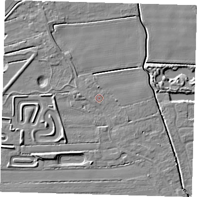Shaded relief map of the ground around PE217LP, computed from Environment Agency LiDAR. The ground here sits at about 3 m above sea level and falls 5 m across the surrounding 800 m. The ground contributing surface water to this point lies to the north-north-east.