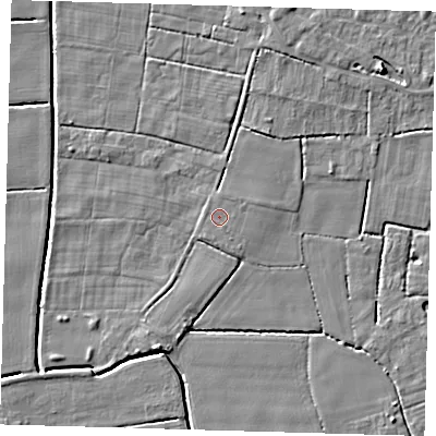 Shaded relief map of the ground around PE217LQ, computed from Environment Agency LiDAR. The ground here sits at about 2 m above sea level and falls 5 m across the surrounding 800 m. The ground contributing surface water to this point lies to the east-north-east.