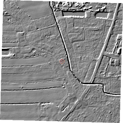 Shaded relief map of the ground around PE217LR, computed from Environment Agency LiDAR. The ground here sits at about 3 m above sea level and falls 5 m across the surrounding 800 m. Surface water reaching this point runs off ground lying to the south-south-east, 1.0 m higher.