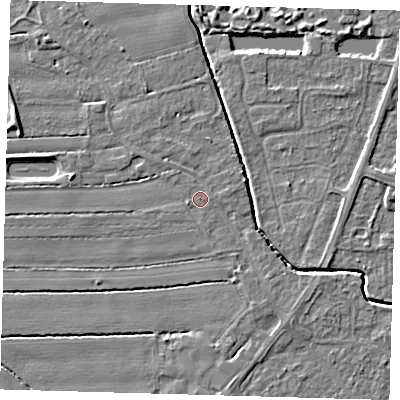 Shaded relief map of the ground around PE217LS, computed from Environment Agency LiDAR. The ground here sits at about 3 m above sea level and falls 4 m across the surrounding 800 m. Surface water reaching this point runs off ground lying to the west-south-west, 0.6 m higher.