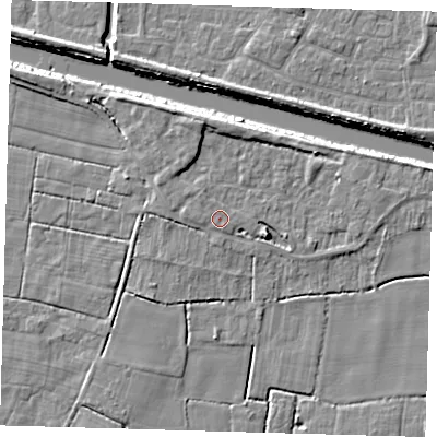 Shaded relief map of the ground around PE217LX, computed from Environment Agency LiDAR. The ground here sits at about 3 m above sea level and falls 6 m across the surrounding 800 m. The ground contributing surface water to this point lies to the south-south-east.