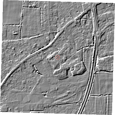Shaded relief map of the ground around PE217ND, computed from Environment Agency LiDAR. The ground here sits at about 4 m above sea level and falls 4 m across the surrounding 800 m. Surface water reaching this point runs off ground lying to the north, 0.7 m higher.