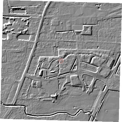 Shaded relief map of the ground around PE217NG, computed from Environment Agency LiDAR. The ground here sits at about 4 m above sea level and falls 5 m across the surrounding 800 m. Surface water reaching this point runs off ground lying to the south-south-west, 1.6 m higher.