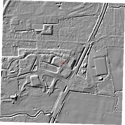 Shaded relief map of the ground around PE217NH, computed from Environment Agency LiDAR. The ground here sits at about 4 m above sea level and falls 6 m across the surrounding 800 m. Surface water reaching this point runs off ground lying to the west-north-west, 0.9 m higher.