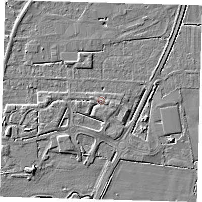 Shaded relief map of the ground around PE217NJ, computed from Environment Agency LiDAR. The ground here sits at about 4 m above sea level and falls 6 m across the surrounding 800 m. Surface water reaching this point runs off ground lying to the south-south-east, 1.8 m higher.