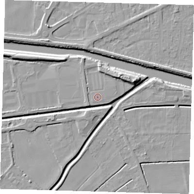 Shaded relief map of the ground around PE217NN, computed from Environment Agency LiDAR. The ground here sits at about 3 m above sea level and falls 9 m across the surrounding 800 m. Surface water reaching this point runs off ground lying to the north-east, 4.1 m higher.