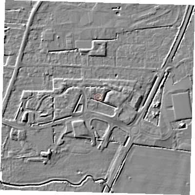 Shaded relief map of the ground around PE217NP, computed from Environment Agency LiDAR. The ground here sits at about 3 m above sea level and falls 6 m across the surrounding 800 m. Surface water reaching this point runs off ground lying to the west, 2.0 m higher.