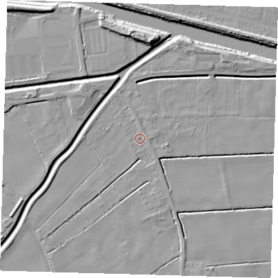 Shaded relief map of the ground around PE217NQ, computed from Environment Agency LiDAR. The ground here sits at about 3 m above sea level and falls 9 m across the surrounding 800 m. Surface water reaching this point runs off ground lying to the north-north-east, 0.8 m higher.