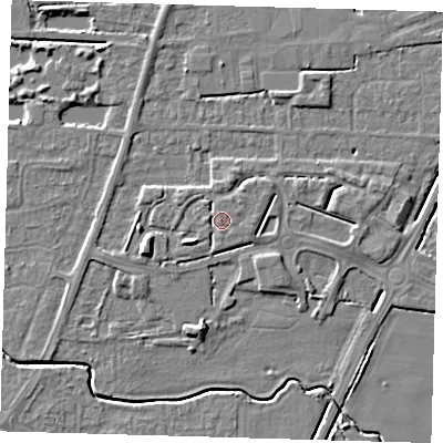 Shaded relief map of the ground around PE217NR, computed from Environment Agency LiDAR. The ground here sits at about 4 m above sea level and falls 5 m across the surrounding 800 m. Surface water reaching this point runs off ground lying to the west, 1.4 m higher.