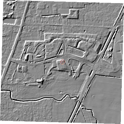Shaded relief map of the ground around PE217NT, computed from Environment Agency LiDAR. The ground here sits at about 4 m above sea level and falls 5 m across the surrounding 800 m. Surface water reaching this point runs off ground lying to the south-east, 2.2 m higher.