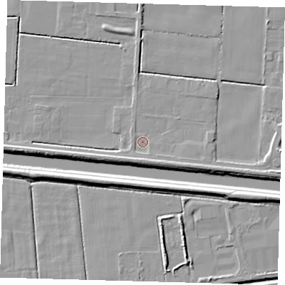 Shaded relief map of the ground around PE217NU, computed from Environment Agency LiDAR. The ground here sits at about 2 m above sea level and falls 7 m across the surrounding 800 m. Surface water reaching this point runs off ground lying to the south, 2.4 m higher.