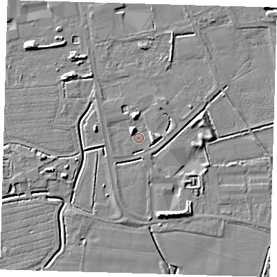 Shaded relief map of the ground around PE217NX, computed from Environment Agency LiDAR. The ground here sits at about 3 m above sea level and falls 8 m across the surrounding 800 m. Surface water reaching this point runs off ground lying to the north, 6.5 m higher.