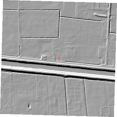 Shaded relief map of the ground around PE217NY, computed from Environment Agency LiDAR. The ground here sits at about 2 m above sea level and falls 7 m across the surrounding 800 m. Surface water reaching this point runs off ground lying to the south-west, 2.6 m higher.