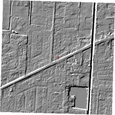 Shaded relief map of the ground around PE217PF, computed from Environment Agency LiDAR. The ground here sits at about 2 m above sea level and falls 4 m across the surrounding 800 m. Surface water reaching this point runs off ground lying to the east-south-east, 1.1 m higher.