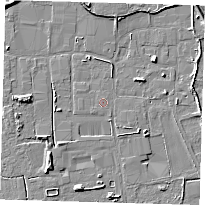 Shaded relief map of the ground around PE217PJ, computed from Environment Agency LiDAR. The ground here sits at about 3 m above sea level and falls 9 m across the surrounding 800 m. The ground contributing surface water to this point lies to the north.