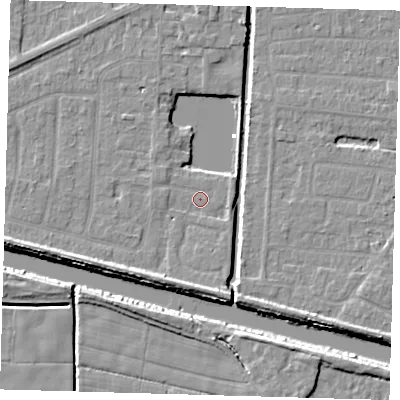 Shaded relief map of the ground around PE217PP, computed from Environment Agency LiDAR. The ground here sits at about 2 m above sea level and falls 6 m across the surrounding 800 m. Surface water reaching this point runs off ground lying to the west-south-west, 3.6 m higher.