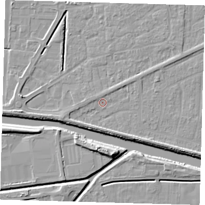 Shaded relief map of the ground around PE217PQ, computed from Environment Agency LiDAR. The ground here sits at about 2 m above sea level and falls 9 m across the surrounding 800 m. Surface water reaching this point runs off ground lying to the south-east, 2.7 m higher.