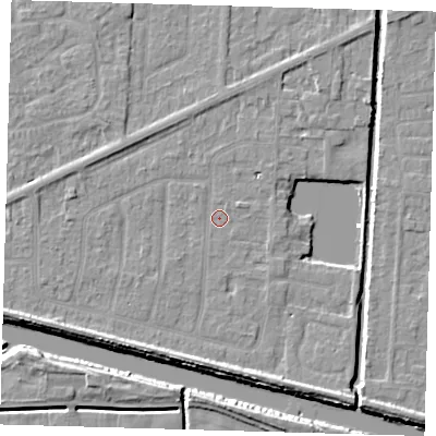 Shaded relief map of the ground around PE217PR, computed from Environment Agency LiDAR. The ground here sits at about 2 m above sea level and falls 6 m across the surrounding 800 m. Surface water reaching this point runs off ground lying to the east-north-east, 1.7 m higher.