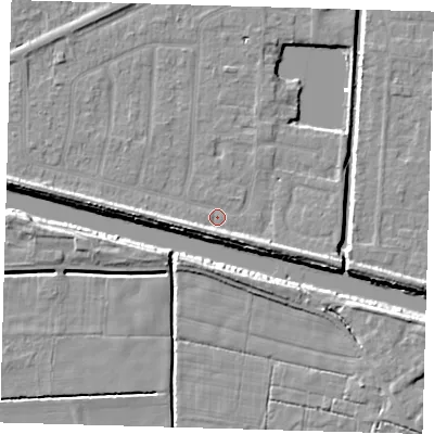 Shaded relief map of the ground around PE217PS, computed from Environment Agency LiDAR. The ground here sits at about 2 m above sea level and falls 6 m across the surrounding 800 m. Surface water reaching this point runs off ground lying to the west, 3.7 m higher.