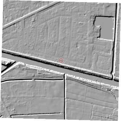 Shaded relief map of the ground around PE217PT, computed from Environment Agency LiDAR. The ground here sits at about 2 m above sea level and falls 9 m across the surrounding 800 m. Surface water reaching this point runs off ground lying to the west, 3.5 m higher.