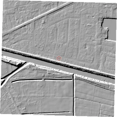 Shaded relief map of the ground around PE217PU, computed from Environment Agency LiDAR. The ground here sits at about 2 m above sea level and falls 9 m across the surrounding 800 m. Surface water reaching this point runs off ground lying to the west, 3.3 m higher.