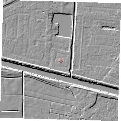 Shaded relief map of the ground around PE217PW, computed from Environment Agency LiDAR. The ground here sits at about 2 m above sea level and falls 6 m across the surrounding 800 m. The ground contributing surface water to this point lies to the south-south-east.