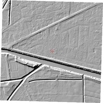Shaded relief map of the ground around PE217PY, computed from Environment Agency LiDAR. The ground here sits at about 2 m above sea level and falls 9 m across the surrounding 800 m. Surface water reaching this point runs off ground lying to the south-south-west, 2.9 m higher.