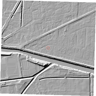Shaded relief map of the ground around PE217PZ, computed from Environment Agency LiDAR. The ground here sits at about 2 m above sea level and falls 9 m across the surrounding 800 m. Surface water reaching this point runs off ground lying to the south-south-east, 2.5 m higher.