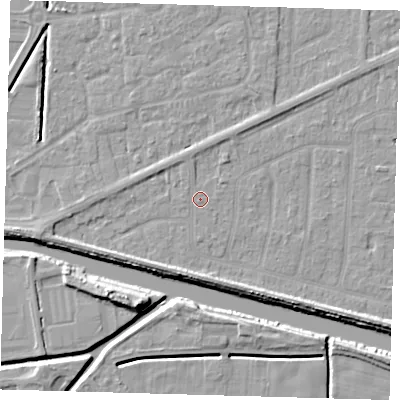Shaded relief map of the ground around PE217QA, computed from Environment Agency LiDAR. The ground here sits at about 3 m above sea level and falls 9 m across the surrounding 800 m. Surface water reaching this point runs off ground lying to the south, 3.5 m higher.