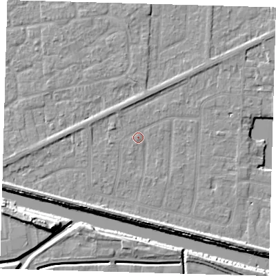 Shaded relief map of the ground around PE217QB, computed from Environment Agency LiDAR. The ground here sits at about 2 m above sea level and falls 9 m across the surrounding 800 m. Surface water reaching this point runs off ground lying to the north-west, 1.4 m higher.