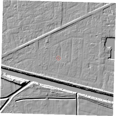 Shaded relief map of the ground around PE217QD, computed from Environment Agency LiDAR. The ground here sits at about 2 m above sea level and falls 9 m across the surrounding 800 m. Surface water reaching this point runs off ground lying to the west, 0.9 m higher.
