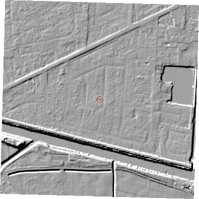 Shaded relief map of the ground around PE217QE, computed from Environment Agency LiDAR. The ground here sits at about 2 m above sea level and falls 9 m across the surrounding 800 m. Surface water reaching this point runs off ground lying to the south-south-west, 0.9 m higher.
