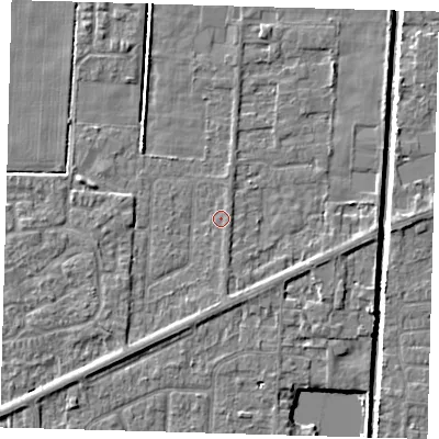 Shaded relief map of the ground around PE217QF, computed from Environment Agency LiDAR. The ground here sits at about 2 m above sea level and falls 4 m across the surrounding 800 m. Surface water reaching this point runs off ground lying to the south-west, 1.6 m higher.