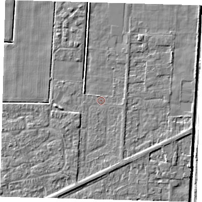 Shaded relief map of the ground around PE217QG, computed from Environment Agency LiDAR. The ground here sits at about 2 m above sea level and falls 4 m across the surrounding 800 m. Surface water reaching this point runs off ground lying to the south-south-west, 1.6 m higher.
