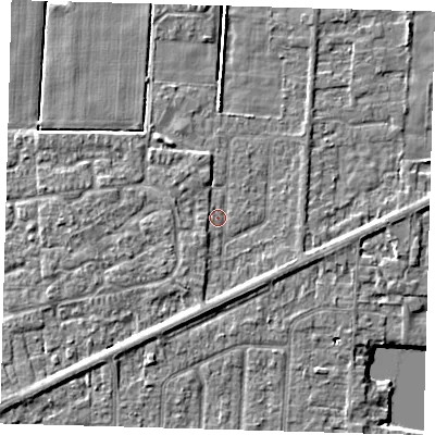 Shaded relief map of the ground around PE217QH, computed from Environment Agency LiDAR. The ground here sits at about 2 m above sea level and falls 4 m across the surrounding 800 m. Surface water reaching this point runs off ground lying to the south-south-west, 1.6 m higher.