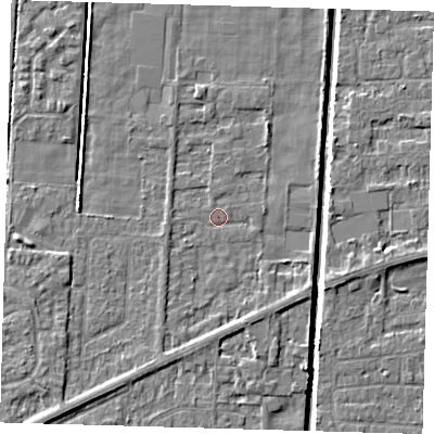 Shaded relief map of the ground around PE217QJ, computed from Environment Agency LiDAR. The ground here sits at about 2 m above sea level and falls 4 m across the surrounding 800 m. Surface water reaching this point runs off ground lying to the south-south-east, 1.6 m higher.