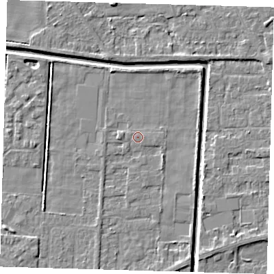 Shaded relief map of the ground around PE217QN, computed from Environment Agency LiDAR. The ground here sits at about 2 m above sea level and falls 4 m across the surrounding 800 m. The ground contributing surface water to this point lies to the east.