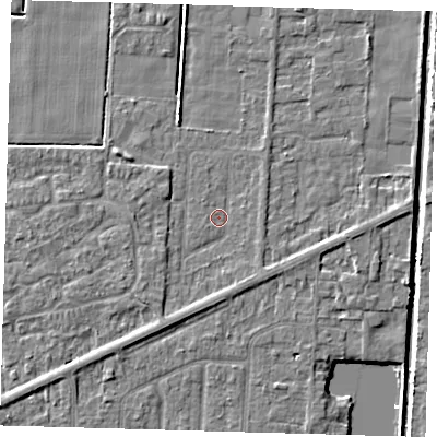 Shaded relief map of the ground around PE217QQ, computed from Environment Agency LiDAR. The ground here sits at about 2 m above sea level and falls 4 m across the surrounding 800 m. Surface water reaching this point runs off ground lying to the south-south-west, 1.6 m higher.
